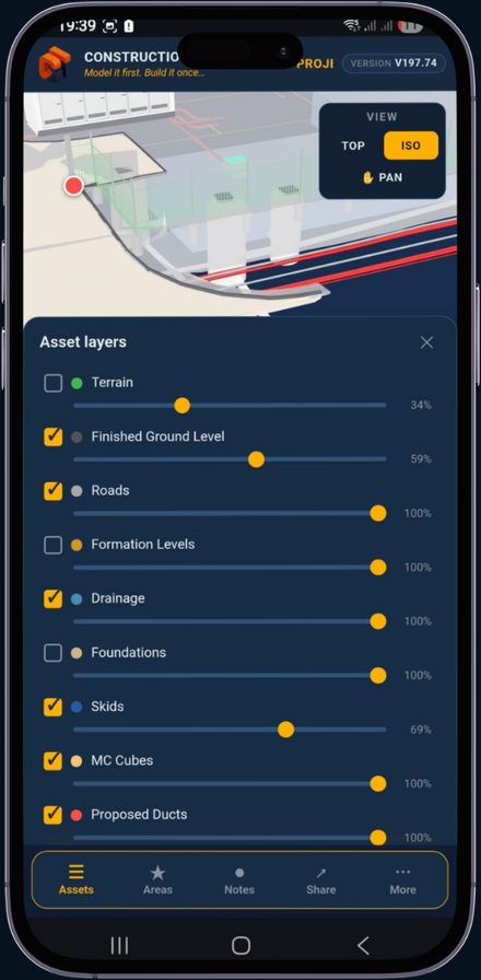 Phone showing the asset-layers panel with per-layer opacity sliders