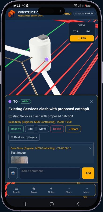 Phone showing the survey-accurate model with a services clash highlighted