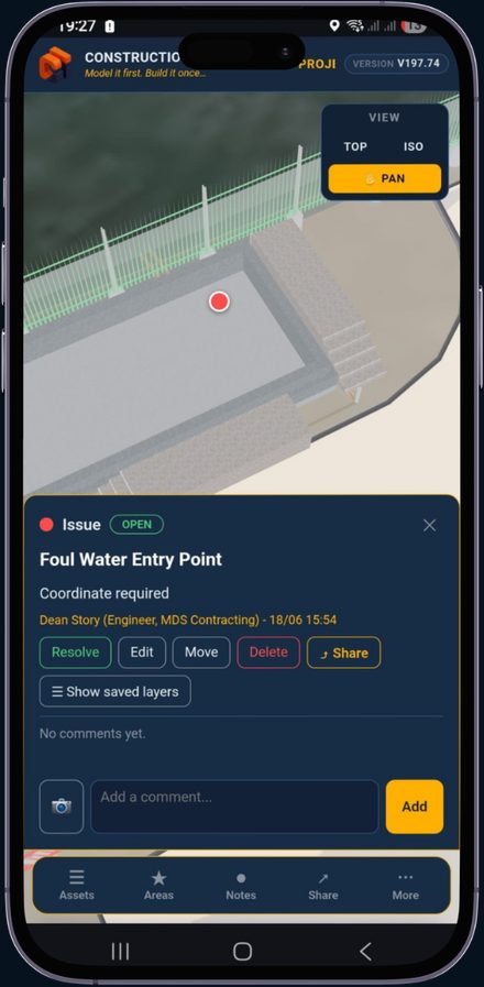 Phone showing a note and technical query raised on the model